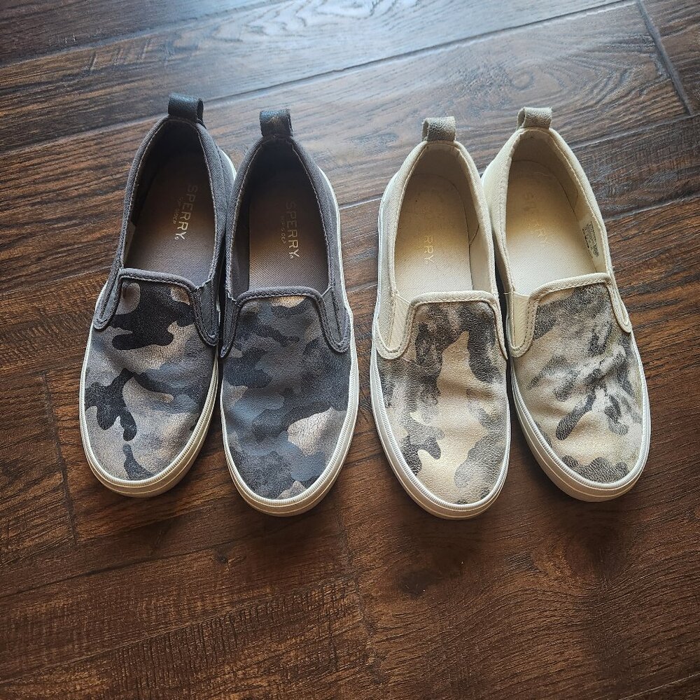 2 pairs Sperry Women's Crest Twin Gore Sneaker 7.5 gray & cream slip on